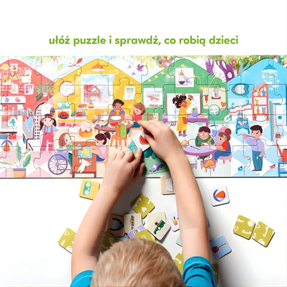 Puzzle Co robimy w przedszkolu - ćwiczenie spostrzegawczości dziecka. Dziecko podczas zabawy.