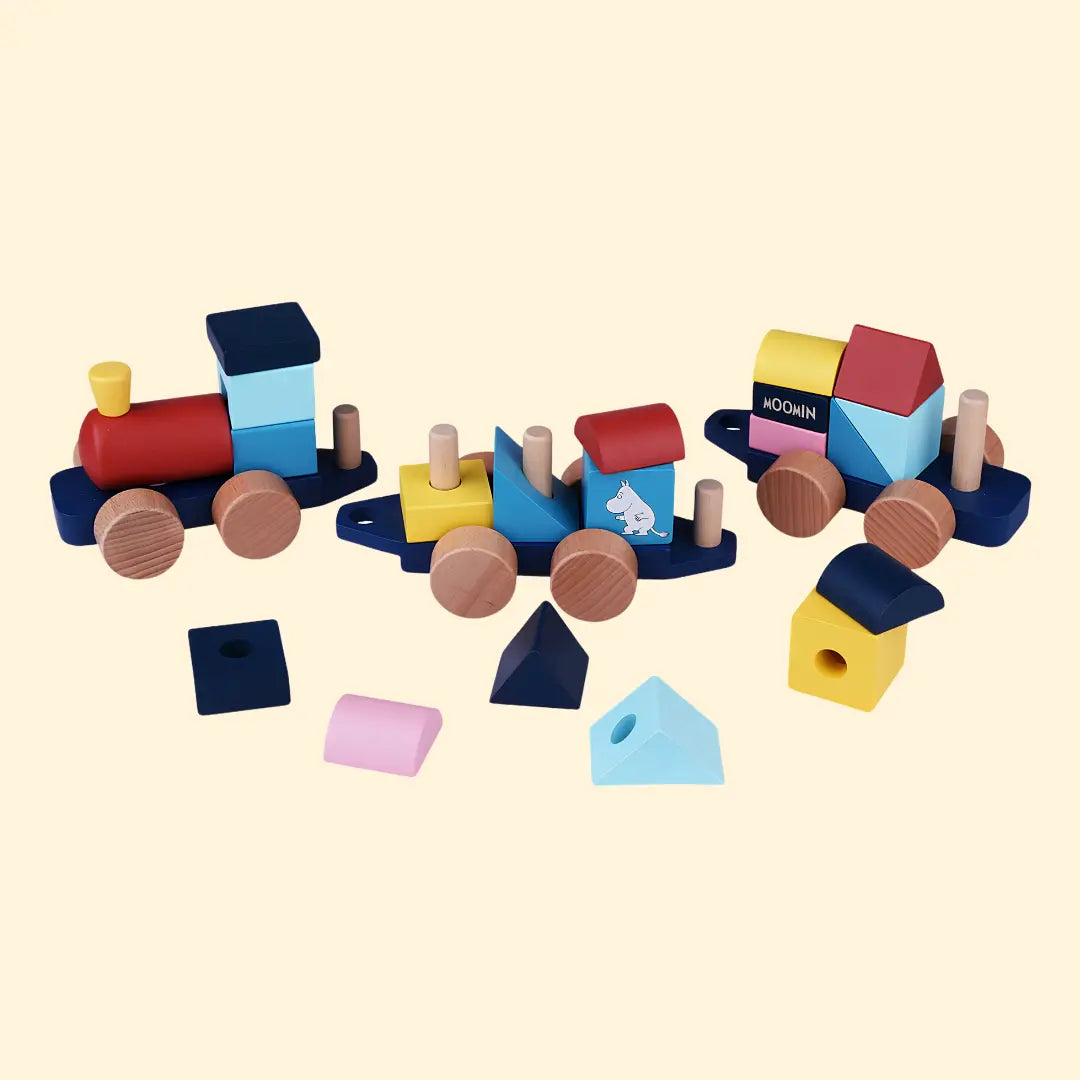 Drewniany pociąg z klockami Muminki Barbo Toys – 23 elementy, 3+ drewniana zabawka konstrukcyjna.