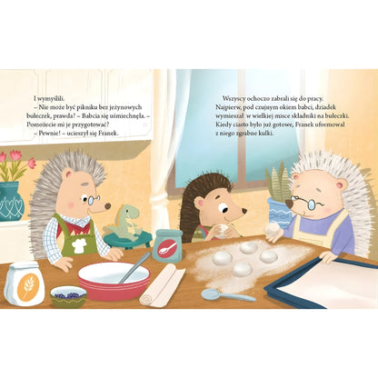 Jeżyk Franek z babcią i dziadkiem - ilustracja z książki dla dzieci o wspólnym czasie.