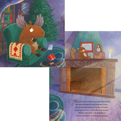 Ilustracja - scena przy kominku: brak ognia, opustoszałe dekoracje, atmosfera oczekiwania w książce "Gwiazdka w sercu’”.