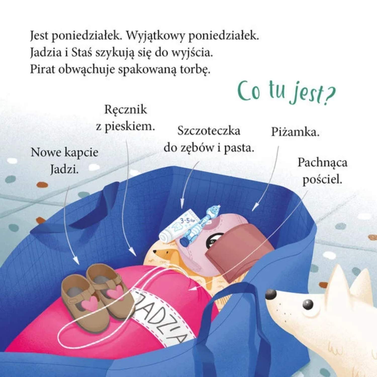 Wnętrze książki „Jadzia Pętelka idzie do przedszkola” – kolorowe ilustracje i krótki tekst dla dzieci 3+