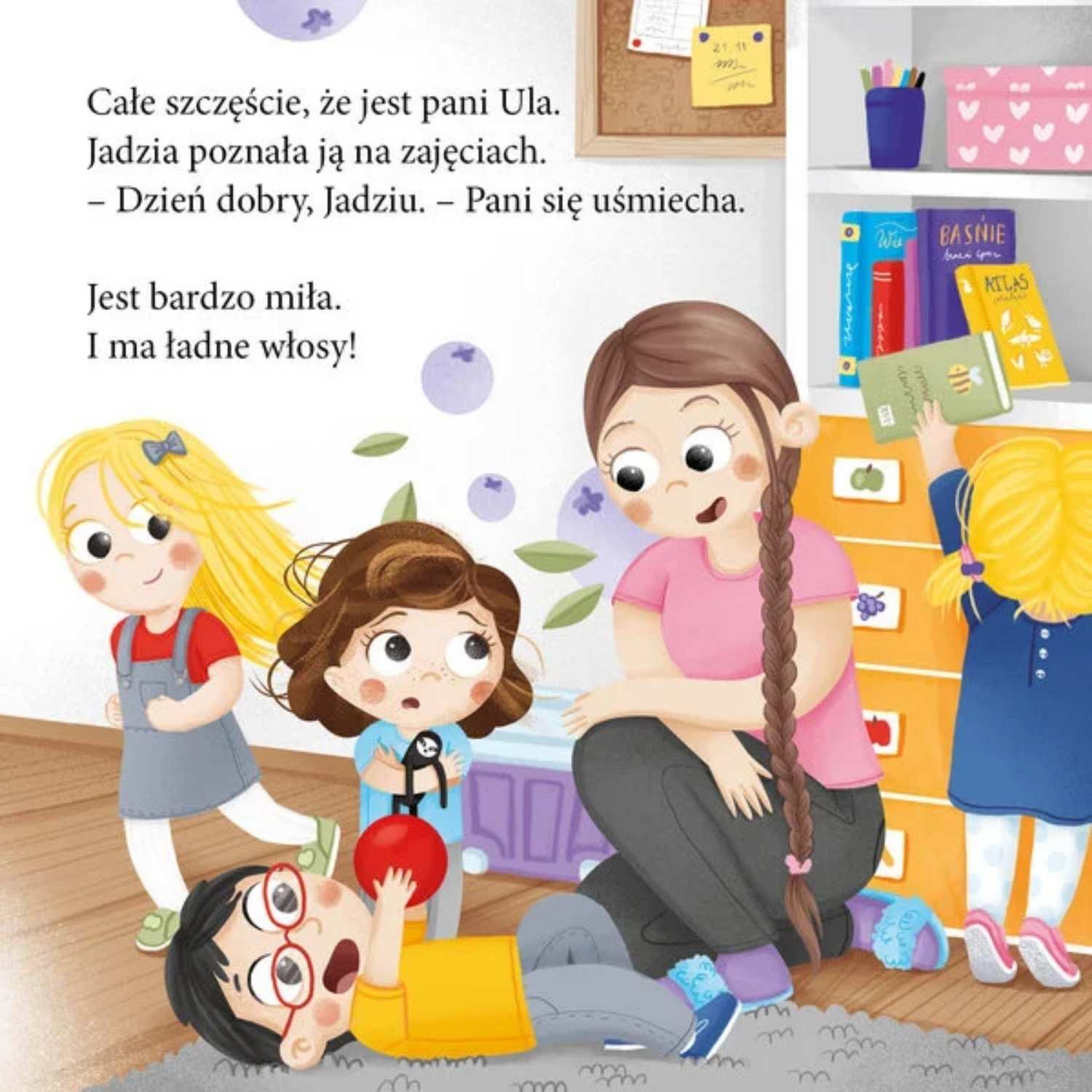 Ilustracja z książki „Jadzia Pętelka idzie do przedszkola” – scena z pierwszego dnia w grupie przedszkolnej