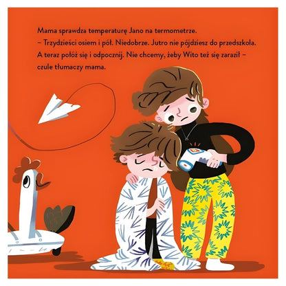 Ilustracja z książki "Jano i Wito u lekarza" - wsparcie dla chorego dziecka.