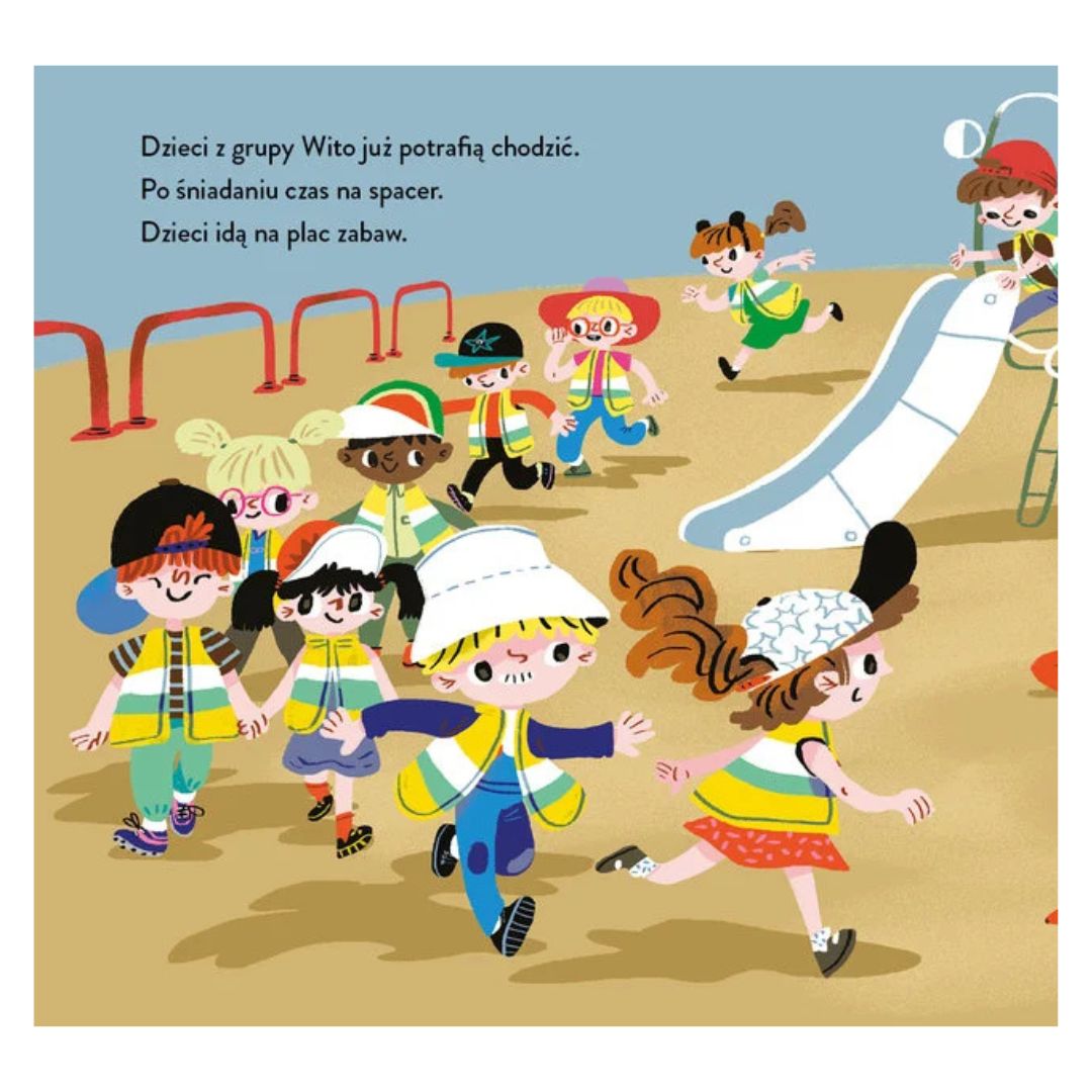 Wito bawi się z dziećmi na placu zabaw – kolorowa ilustracja z książki Jano i Wito.