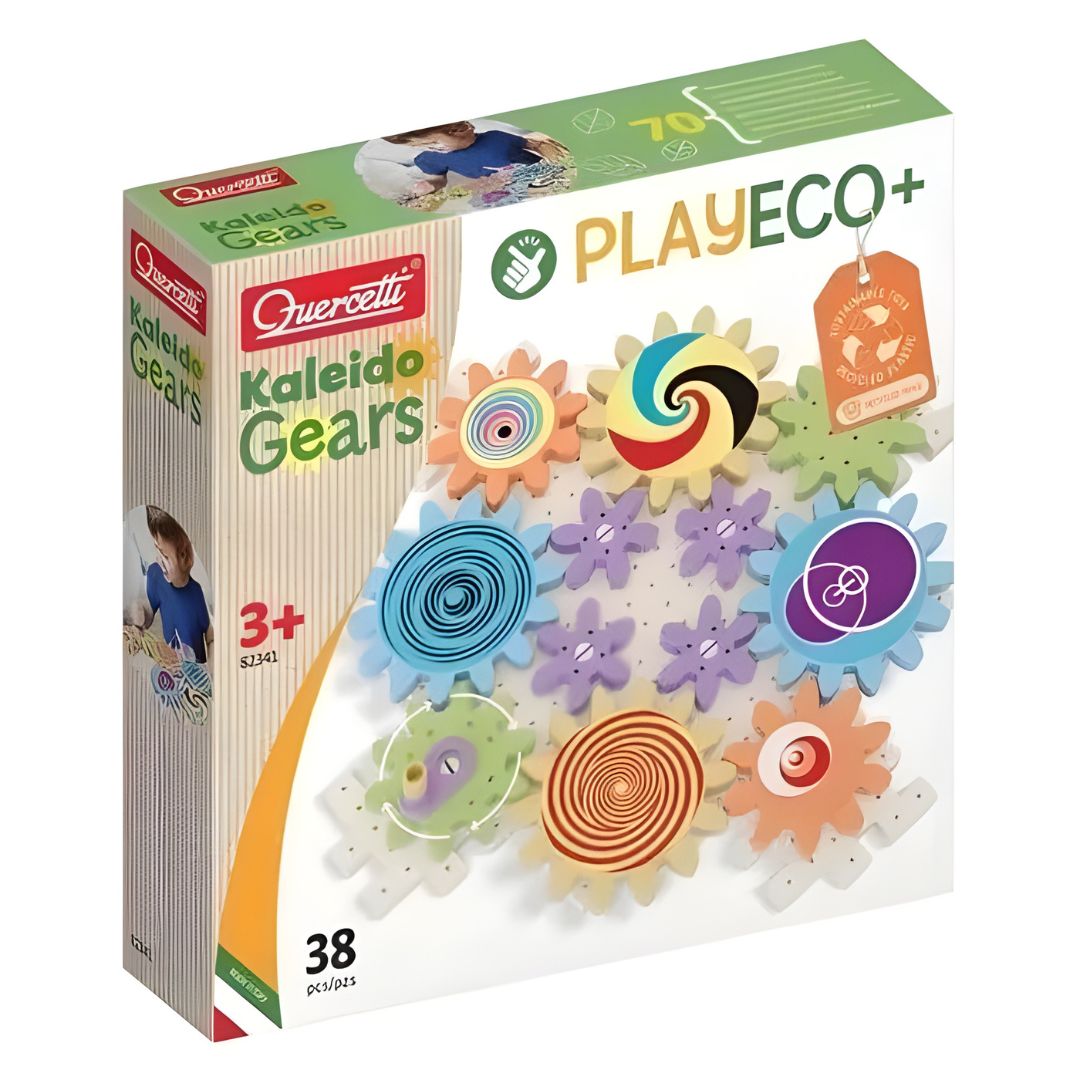 Okładka opakowania Quercetti PlayEco+ Kaleido Gears - ekologiczny zestaw mechaniczny.