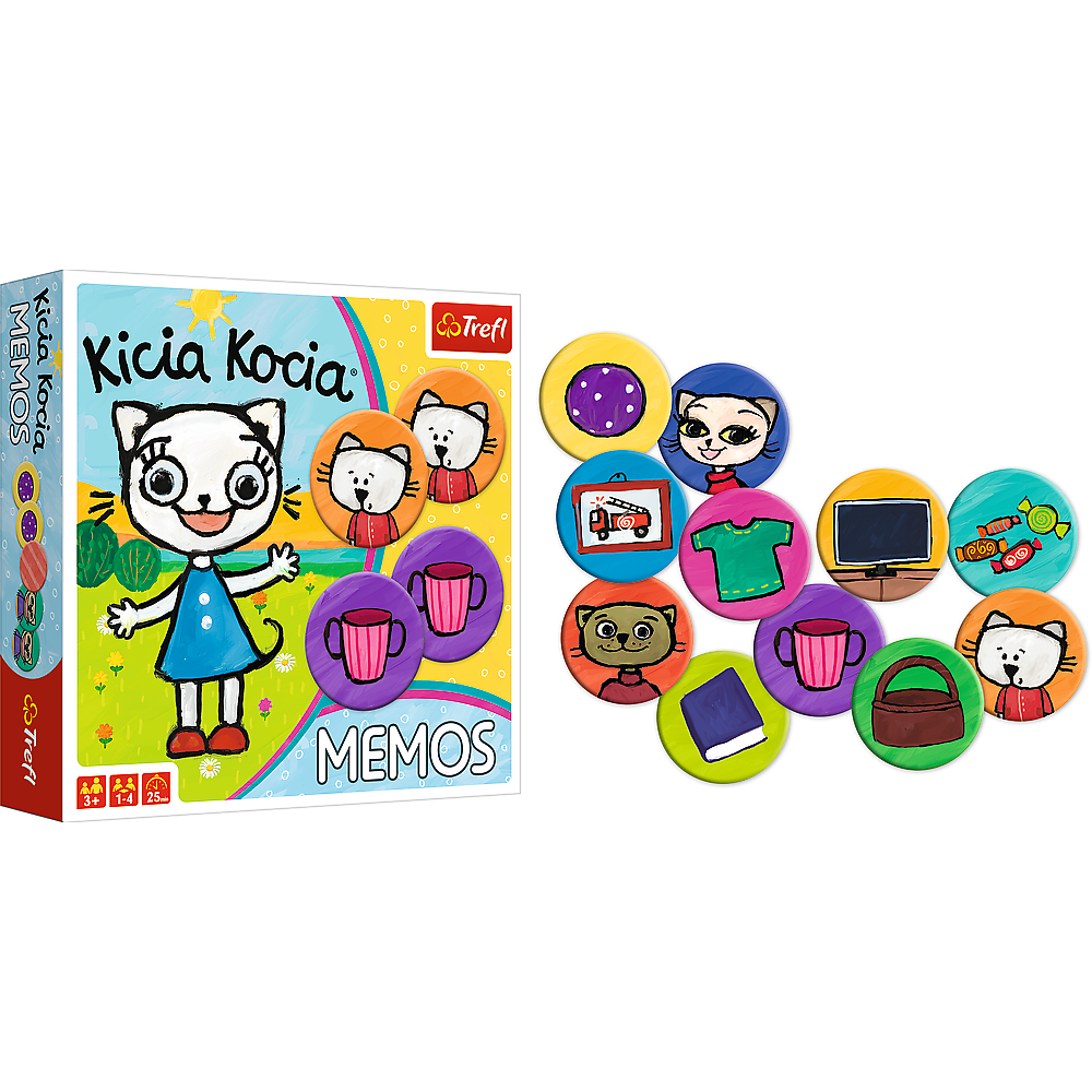 Po lewej stronie: opakowanie gry Kicia Kocia Memeos; po prawej stronie: Ilustracje kart memos z bohaterami serii Kicia Kocia
