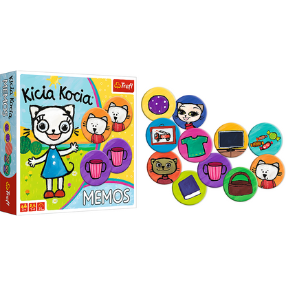 Po lewej stronie: opakowanie gry Kicia Kocia Memeos; po prawej stronie: Ilustracje kart memos z bohaterami serii Kicia Kocia