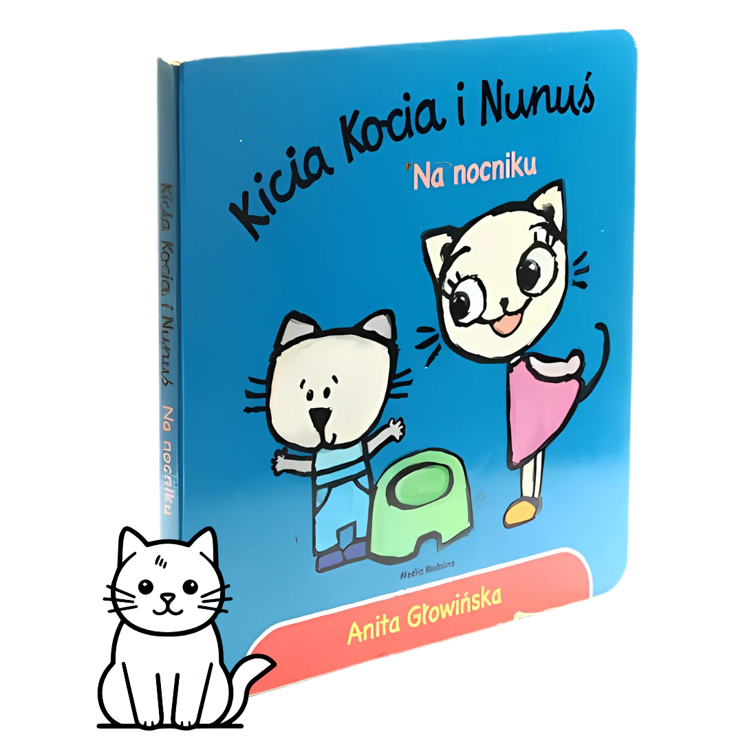 Okładka książki „Kicia Kocia i Nunuś. Na nocniku!” – Kicia Kocia i Nunuś przy nocniku - okładka widziana z ukosa / Kraina Milusi