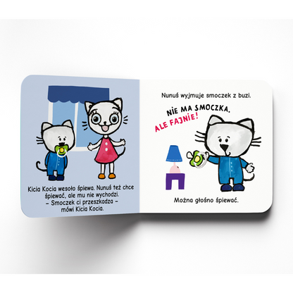 Kolorowa ilustracja z książki Kicia Kocia i Nunuś o rozstaniu ze smoczkiem - na ilustracji bohaterowie książeczki / Kraina Milusi