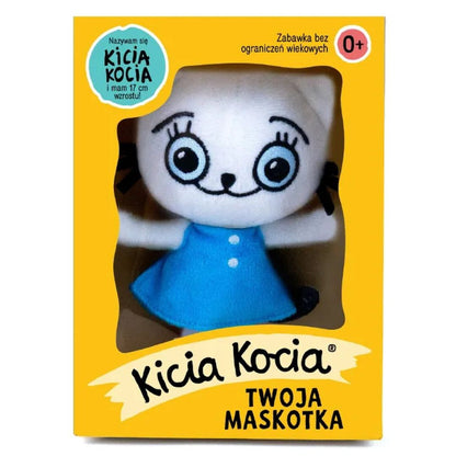 Maskotka Kicia Kocia 17 cm –-miękka pluszowa przytulanka w niebieskiej sukience.