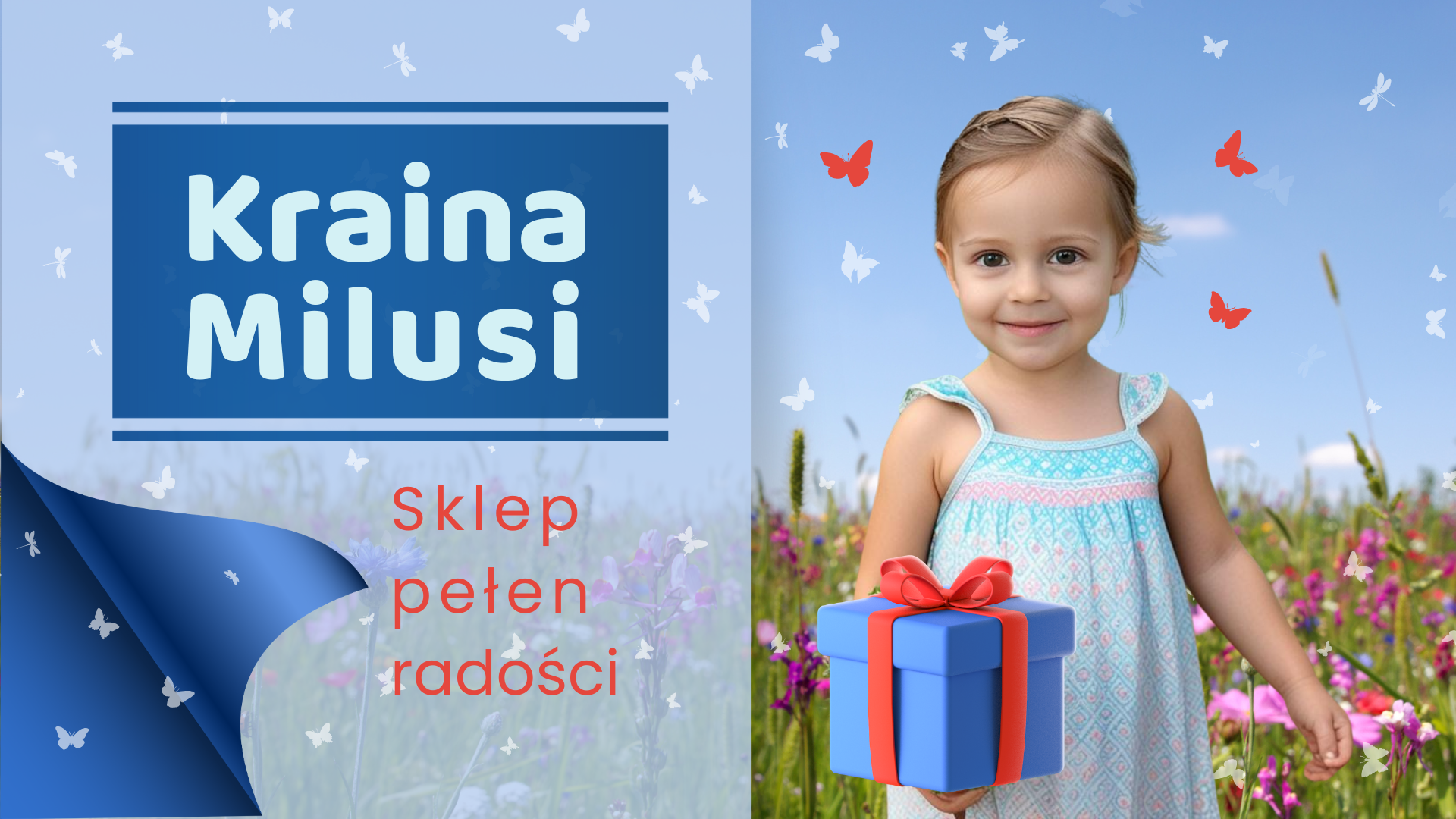 Po lewej: napis "Kraina Milusi - sklep pełen radości"; po prawej mała dziewczynka w otoczeniu kolorowych kwiatów i motylków - w ręku trzyma prezent