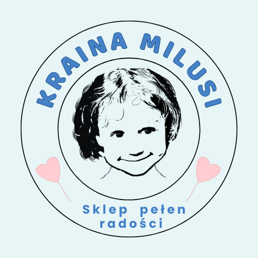 Logo sklepu Kraina Milusi - w centralnej części czarnobiała grafika z twarzą dziewczynki - nad głową napis Kraina Milusi, na dole Sklep Pełen Radości