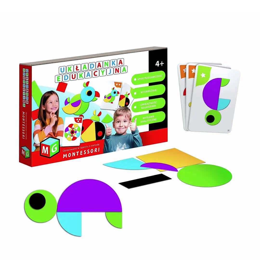 Montessori Układanka Edukacyjna Papuga Multigra - elementy i opakowanie