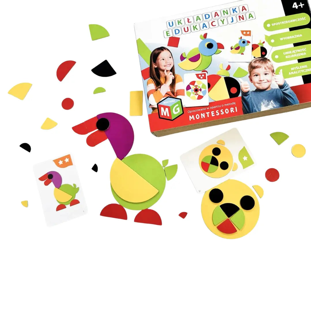Montessori Układanka Edukacyjna Papuga Multigra – karty z wzorami i opakowanie