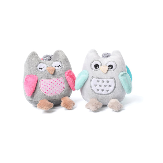 Zabawka dla dzieci z wibracją "OWL SOFIA" od Babyono. Wersja szaro-różowa i szaro-zielona.