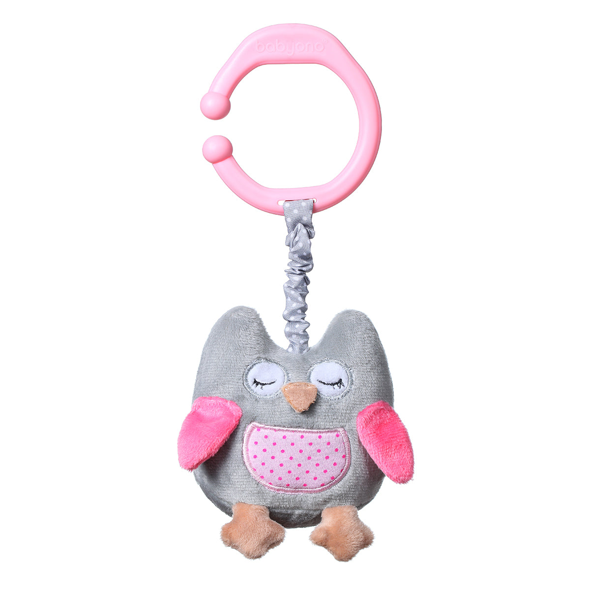 Zabawka dla dzieci z wibracją "OWL SOFIA" od Babyono. Wersja szaro-różowa.