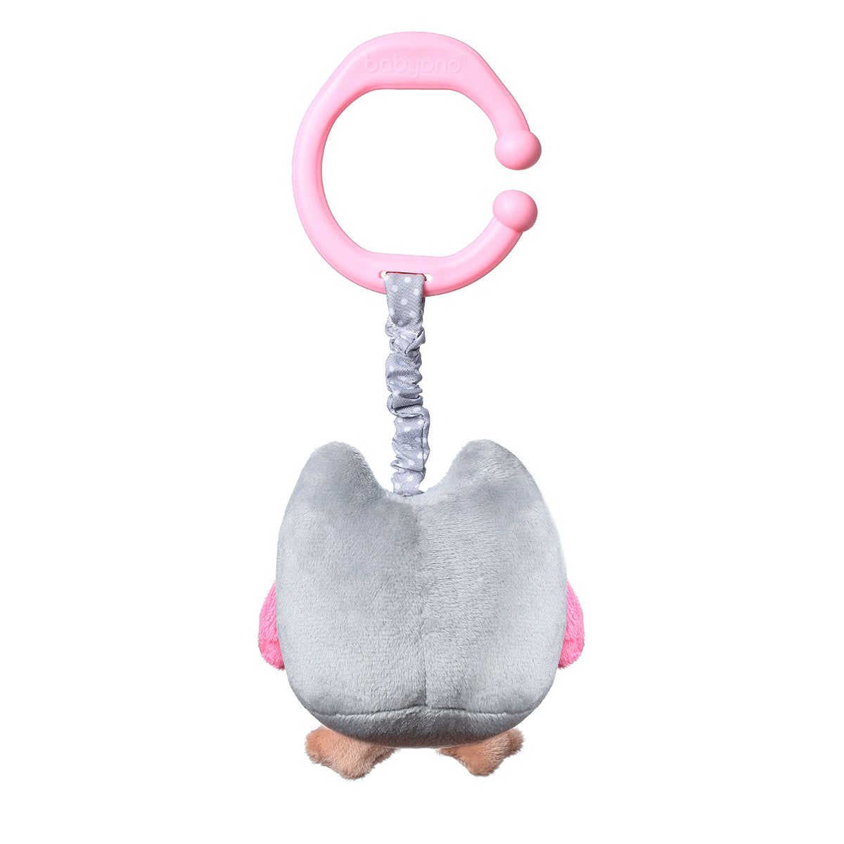 Tył zabawki dla dzieci z wibracją "OWL SOFIA" od Babyono. Wersja szaro-różowa.