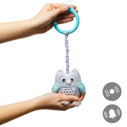 Przód zabawki dla dzieci z wibracją "OWL SOFIA" od Babyono. Wersja szaro-zielona.