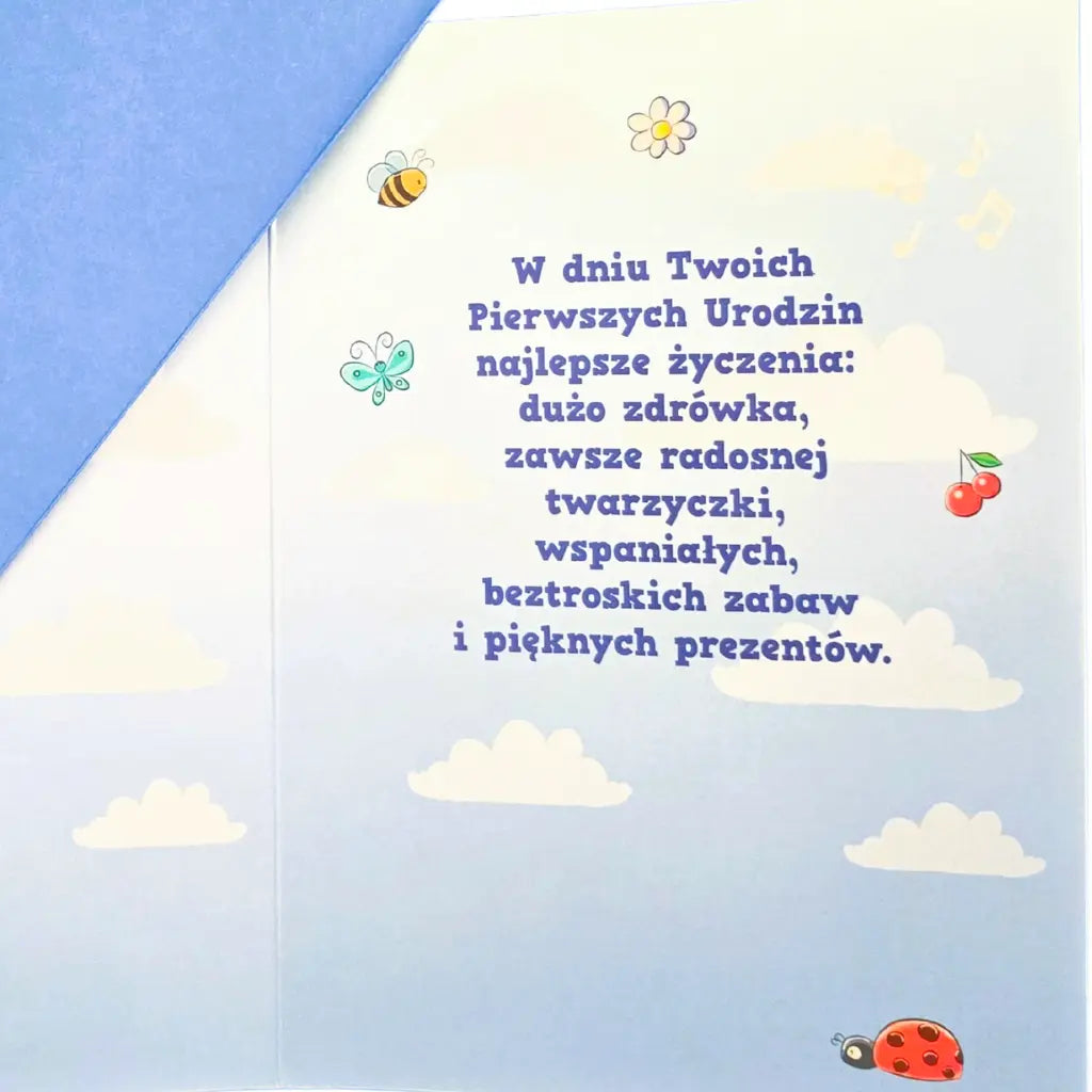 Kartka Okolicznościowa z Okazji Pierwszych Urodzin w kolorze niebieskim od Armin Style (GM-0895) - życzenia.