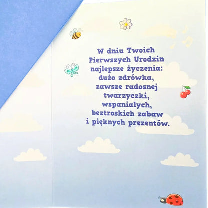 Kartka Okolicznościowa z Okazji Pierwszych Urodzin w kolorze niebieskim od Armin Style (GM-0895) - życzenia.