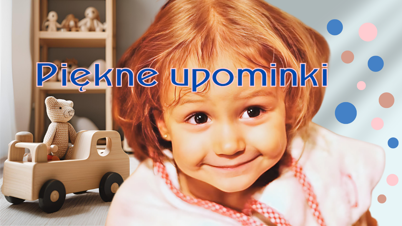 Baner z napisem "Piękne upominki". Na grafice uśmiechnięta dziewczynka.
