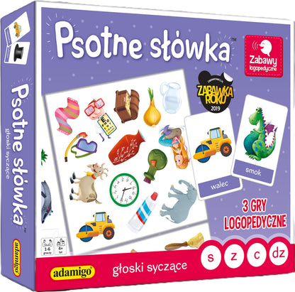 Gra logopedyczna Psotne Słówka – głoski syczące od Adamigo. Kolorowe opakowanie z zabawnymi ilustracjami i napisem Psotne Słówka, wspierająca naukę wymowy głosek s, z, c, dz.