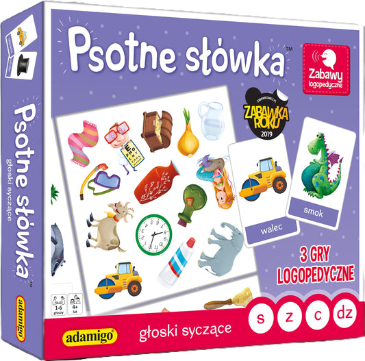 Gra logopedyczna Psotne Słówka – głoski syczące od Adamigo. Kolorowe opakowanie z zabawnymi ilustracjami i napisem Psotne Słówka, wspierająca naukę wymowy głosek s, z, c, dz.