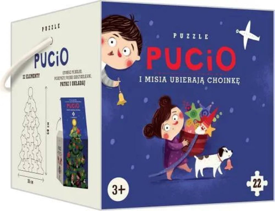 Pudełko puzzli Pucio i Misia ubierają choinkę od Naszej Księgarni – świąteczna układanka dla dzieci z wizerunkiem Pucia i Misi dekorujących choinkę.