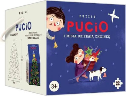 Pudełko puzzli Pucio i Misia ubierają choinkę od Naszej Księgarni – świąteczna układanka dla dzieci z wizerunkiem Pucia i Misi dekorujących choinkę.