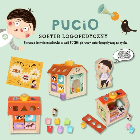 Sorter logopedyczny Pucio – pudełko z kolorowymi ilustracjami bohatera z serii książek Nasza Księgarnia