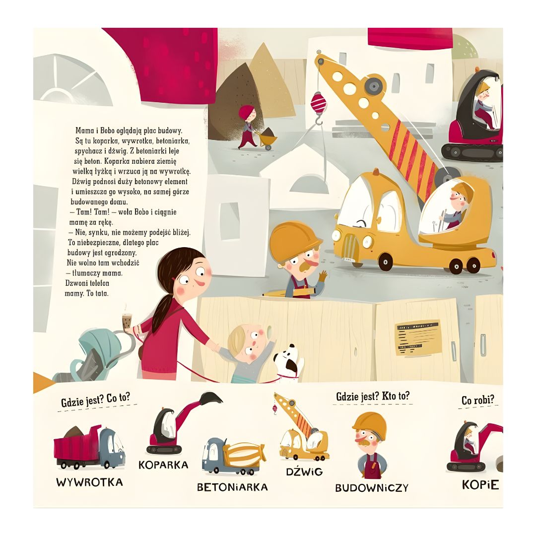 Ilustracje z książki Pucio w mieście – rozmowy i dźwięki miasta wspierające naukę mowy.