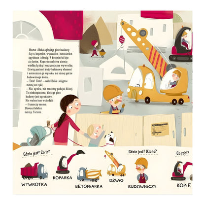 Ilustracje z książki Pucio w mieście – rozmowy i dźwięki miasta wspierające naukę mowy.
