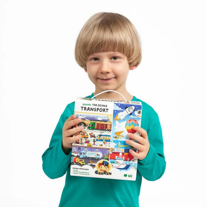 Puzzle Tak działa transport CzuCzu  - chłopiec z opakowaniem.