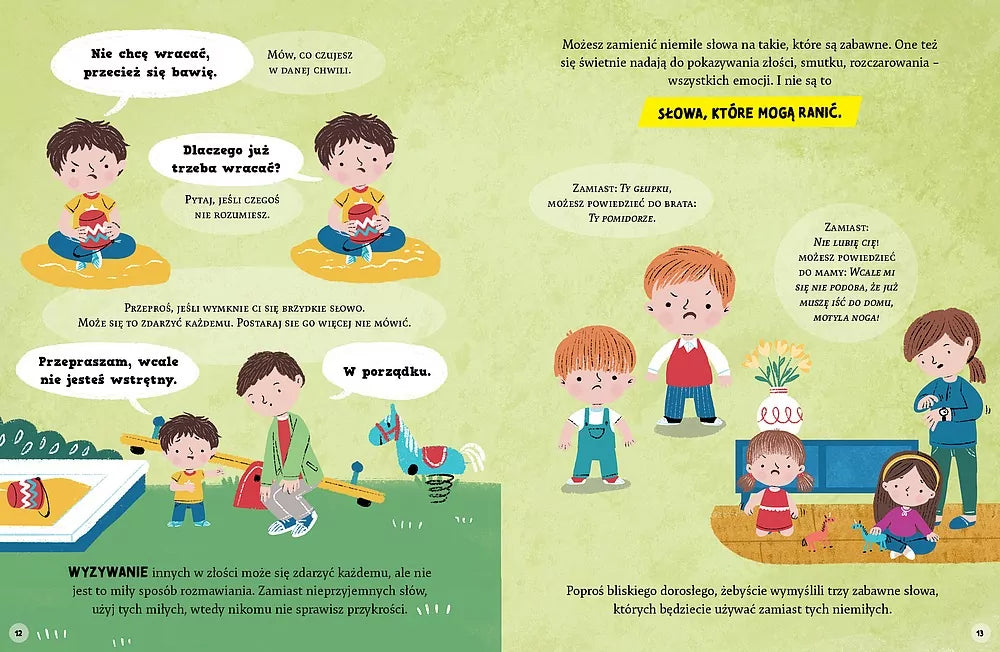 Kolorowe ilustracje z książki Słowa mają moc – nauka rozmowy o uczuciach dla dzieci