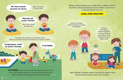 Kolorowe ilustracje z książki Słowa mają moc – nauka rozmowy o uczuciach dla dzieci