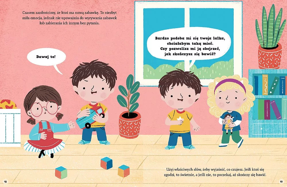 Kolorowe ilustracje z książki Słowa mają moc - dzieci podczas zabawy