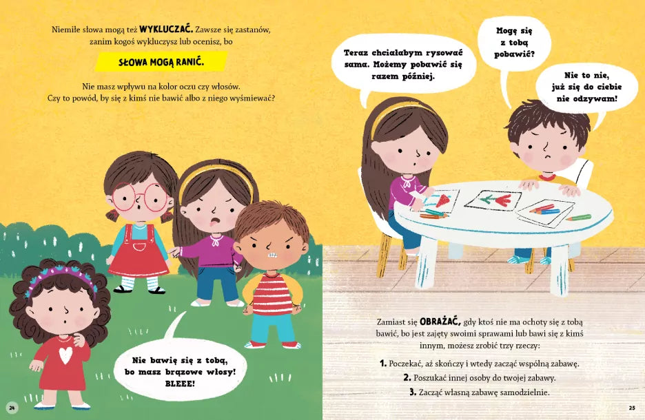 Kolorowe ilustracje z książki Słowa mają moc - dzieci przeżywające różne stany emocjonalne