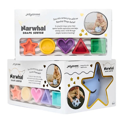 Sorter kształtów Narwal Jellystone Designs 6+ – zabawka do nauki kształtów i kolorów.