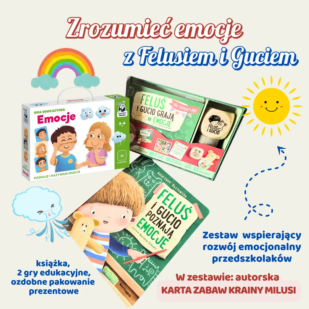 Zdjęcie promujące zestaw "Zrozumieć emocje z Felusiem i Guciem - zestaw wspierający rozwój emocjonalny przedszkolaków" - Kraina Milusi.