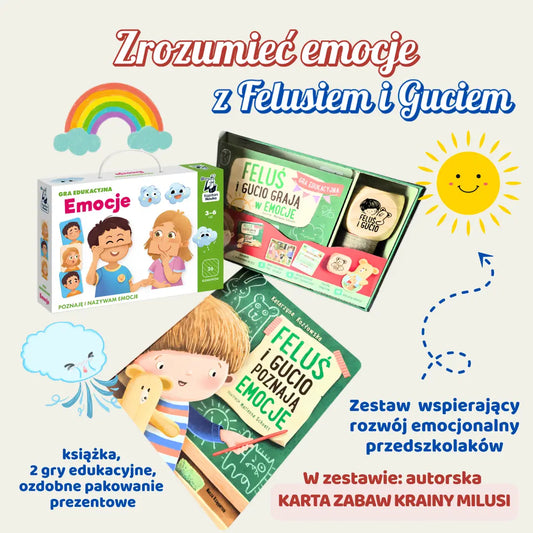 Zdjęcie promujące zestaw "Zrozumieć emocje z Felusiem i Guciem - zestaw wspierający rozwój emocjonalny przedszkolaków" - Kraina Milusi.