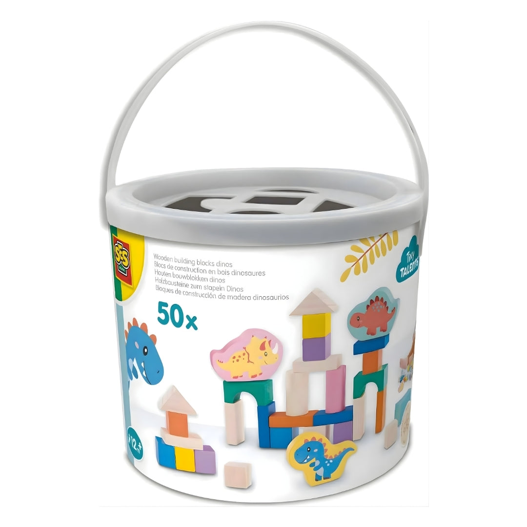 Drewniane klocki dinozaury SES Creative w wiaderku - zestaw 50 elementów.