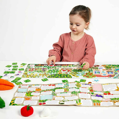 Co rośnie w ogródku puzzle edukacyjne CzuCzu gotowa ilustracja ogrodu, dziecko przy zabawie.