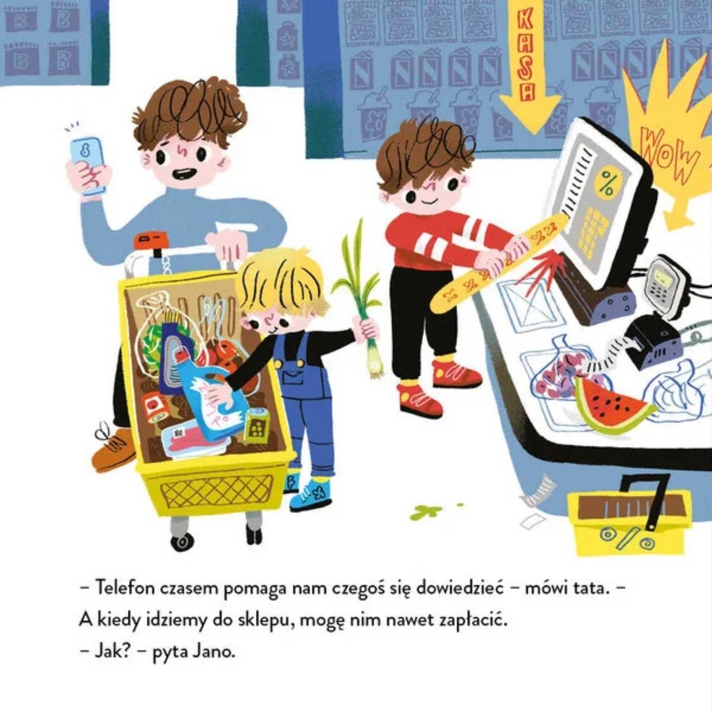 Jano i Wito. Telefon taty ilustracja dzieci bawiących się klockami.