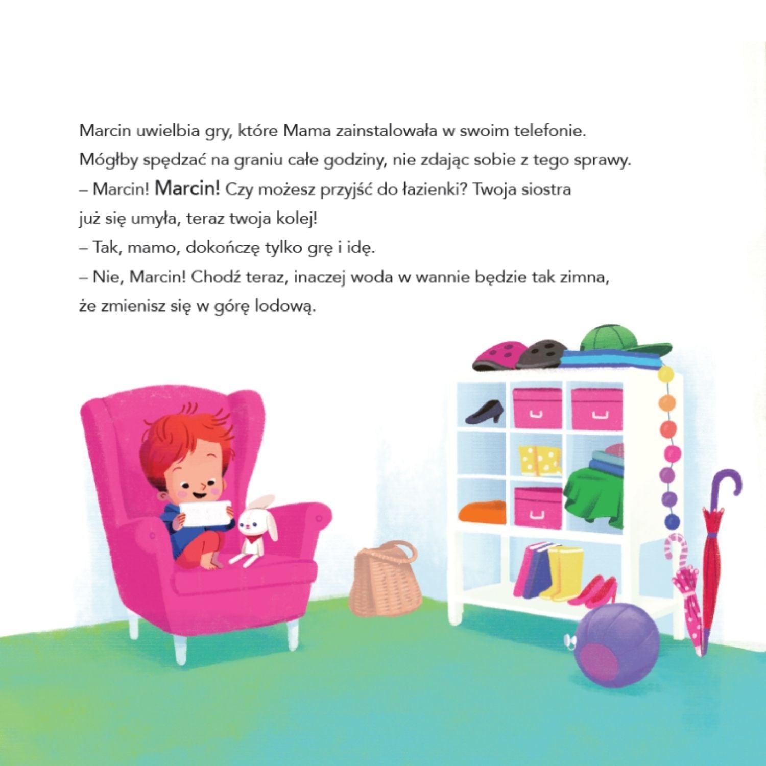 Marcin. Czas przed ekranem ilustracja chłopca korzystającego z tabletu.