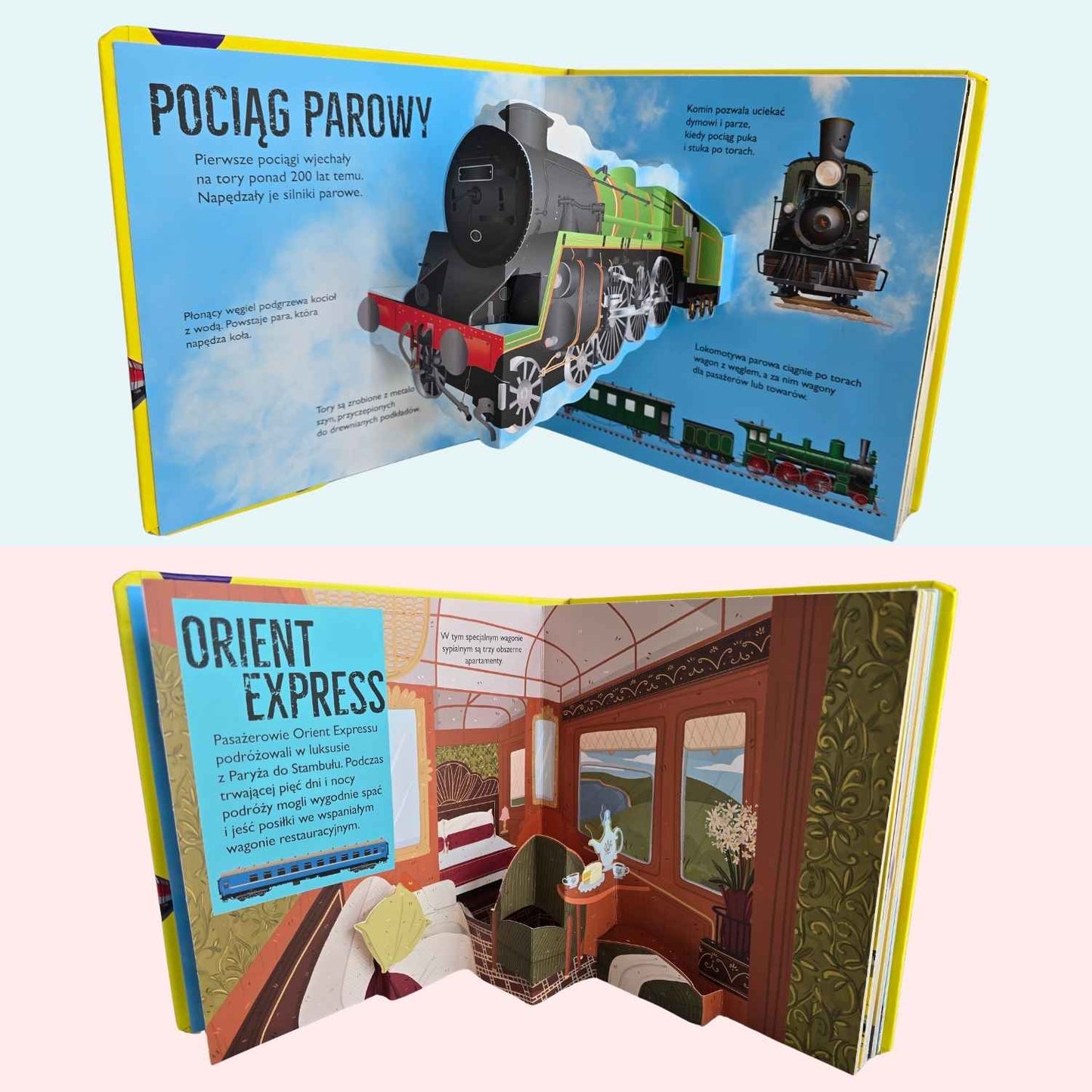 Pociągi książka pop-up JUPI JO dla dziecka 3+ z ilustracjami 3D - rozkładówka.