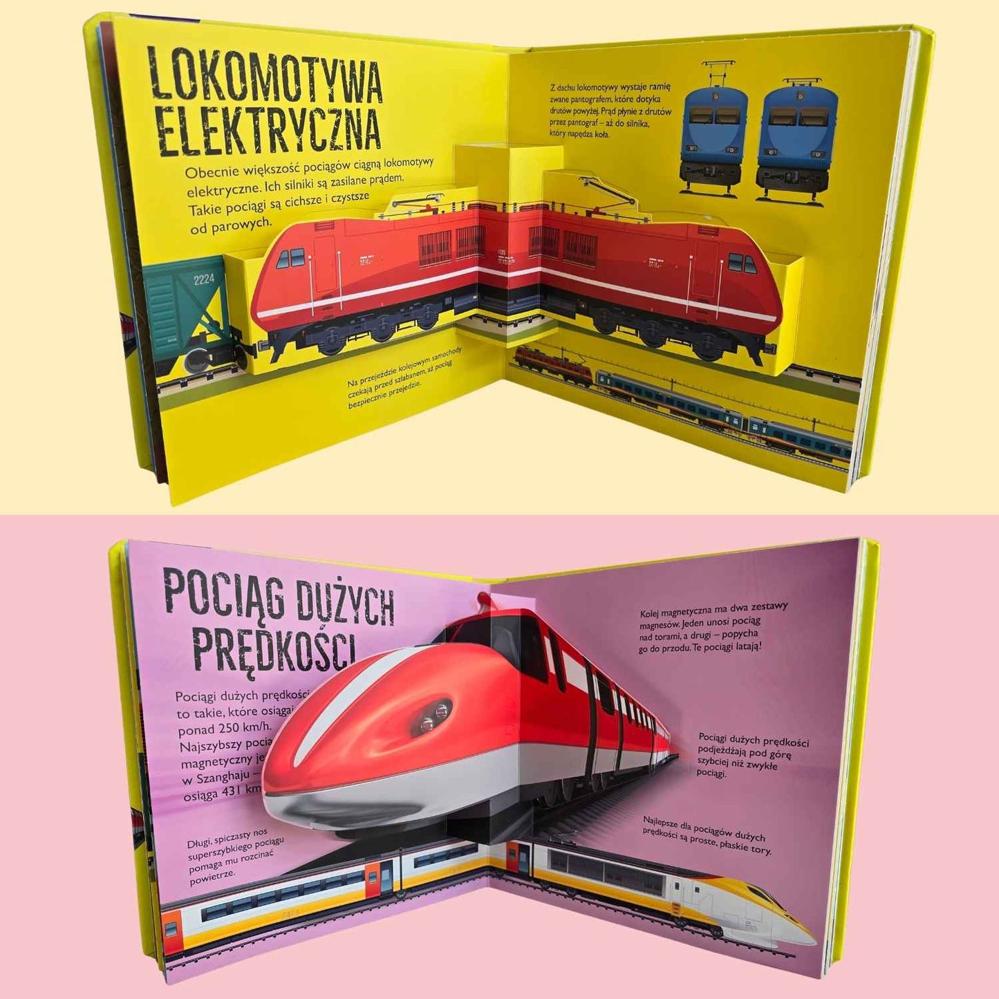 Pociągi POP-UP książka z przestrzennymi ilustracjami pociągów dla dzieci - rozkładówki.