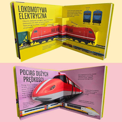 Pociągi POP-UP książka z przestrzennymi ilustracjami pociągów dla dzieci - rozkładówki.