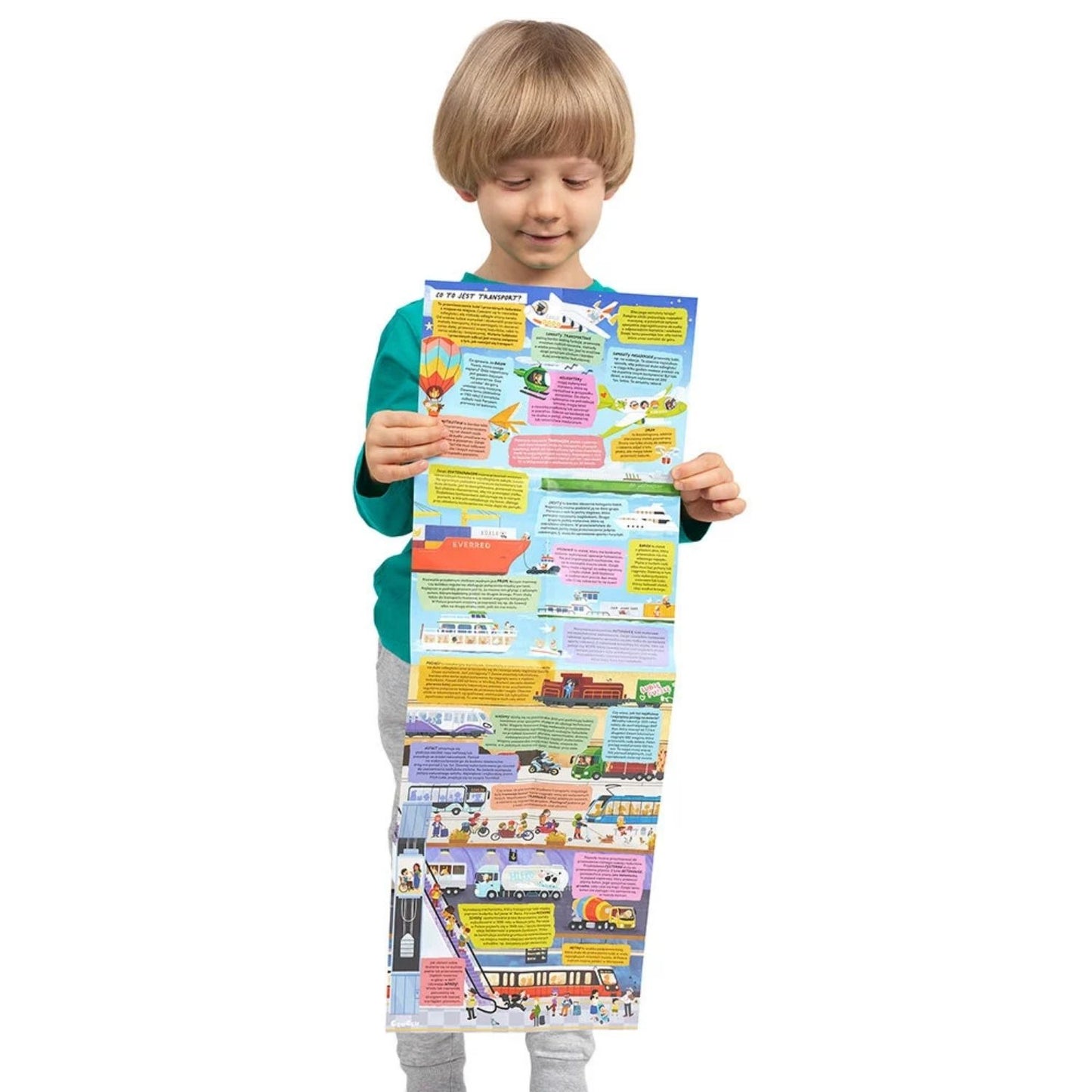 Puzzle Tak działa transport CzuCzu - chłopiec trzyma plakat edukacyjny o środkach transportu.