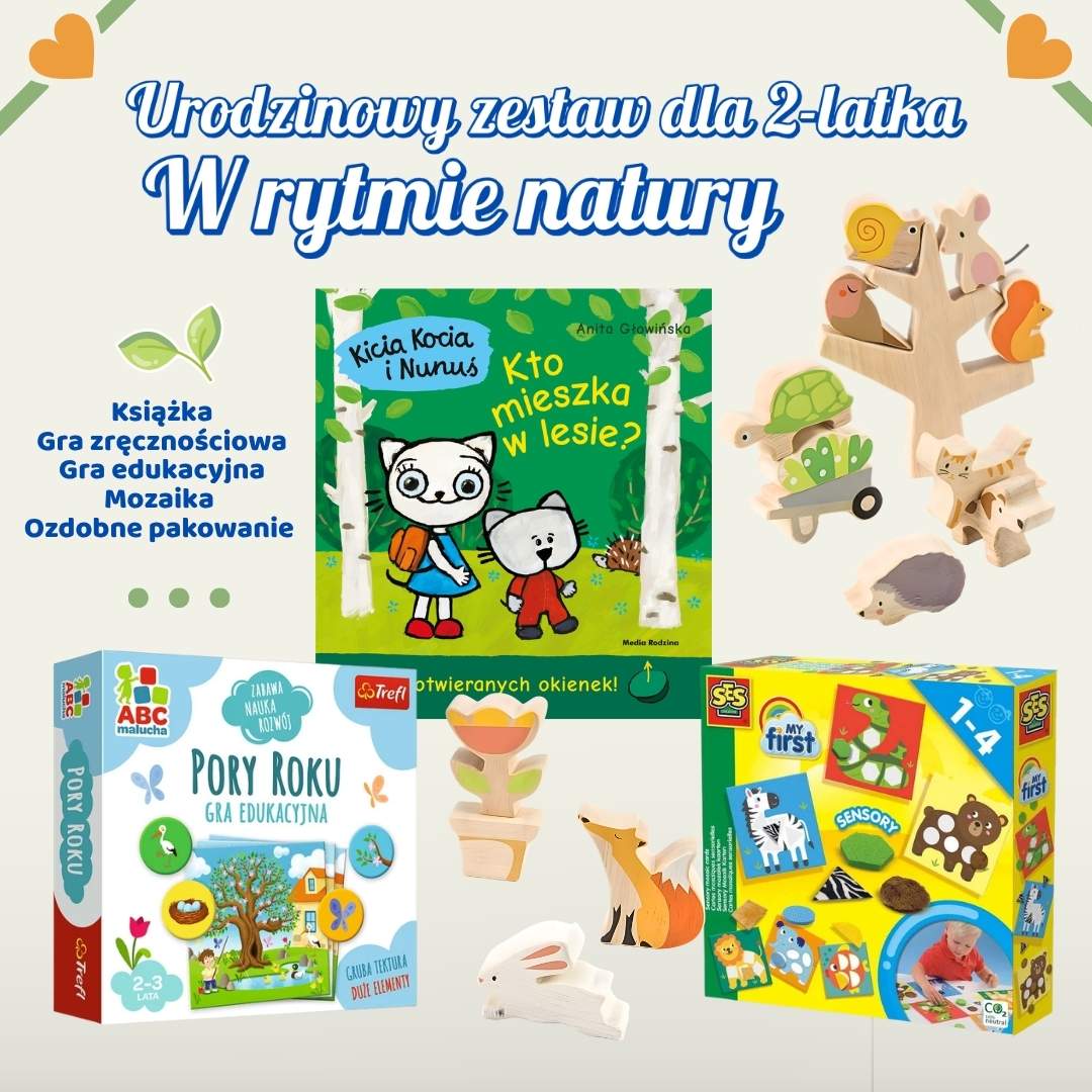 Zestaw dla 2-latka W rytmie natury – prezent edukacyjny dla dwulatka z książką, grą i zabawkami sensorycznymi