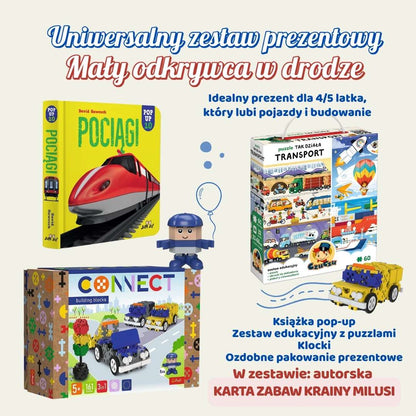 Zestaw prezentowy dla dziecka 4–5 lat pojazdy puzzle klocki książka pop up Kraina Milusi